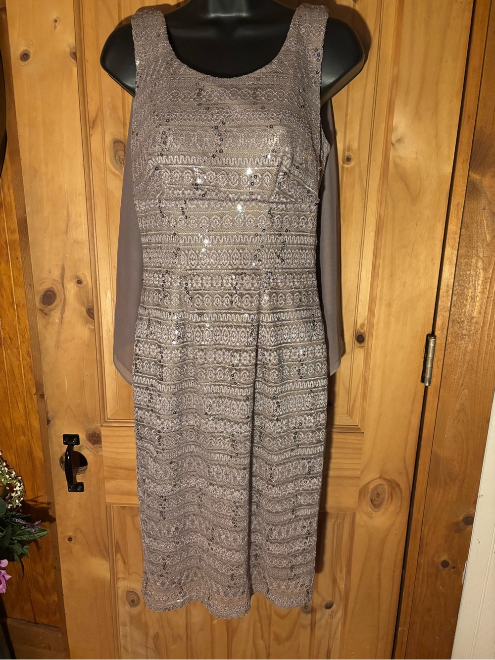 Sleeveless Sequined Lace Midi Dress - Taupe
